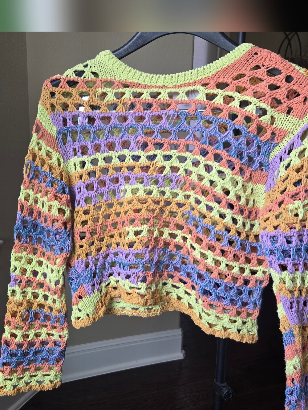 Zara Crocheted Multicolor Pastel Stripe Top with Lime Trim